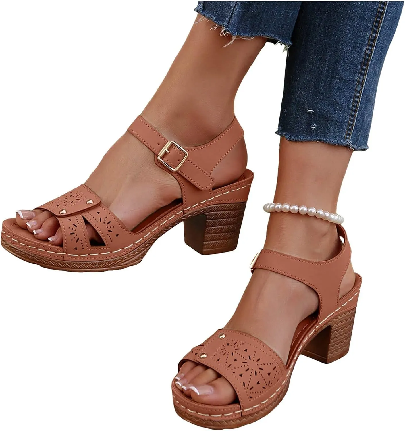 Women'S Chunky High Heel Platform Sandals 2025 Summer Casual Hollow Out Classic Lightweight Sandal Beach Adjustable Ankle Strap Dressy Outdoor Walking Working Shoes