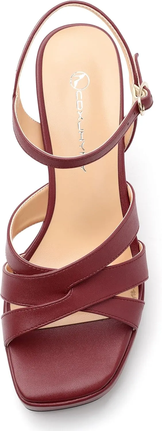 Women's Chunky Platform High Heels Block Heeled Sandals Open Square Toe Ankle Strap Dress Wedding Party Sandal Shoes 3.3''