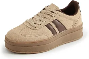 Women's Chunky Platform Sneakers - Retro Vintage Leather Casual Tennis Shoes- Thick Rubber Gum Sole Low Top Lace-Up Classic Walking Shoes