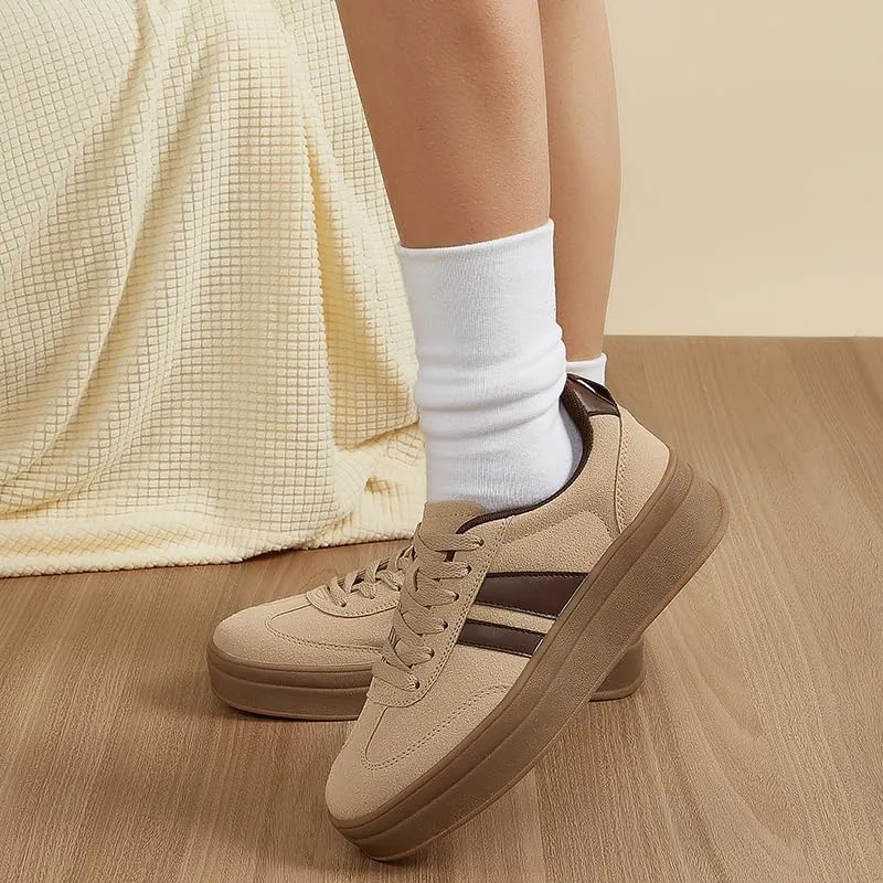 Women's Chunky Platform Sneakers - Retro Vintage Leather Casual Tennis Shoes- Thick Rubber Gum Sole Low Top Lace-Up Classic Walking Shoes