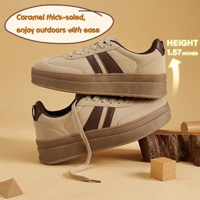 Women's Chunky Platform Sneakers - Retro Vintage Leather Casual Tennis Shoes- Thick Rubber Gum Sole Low Top Lace-Up Classic Walking Shoes
