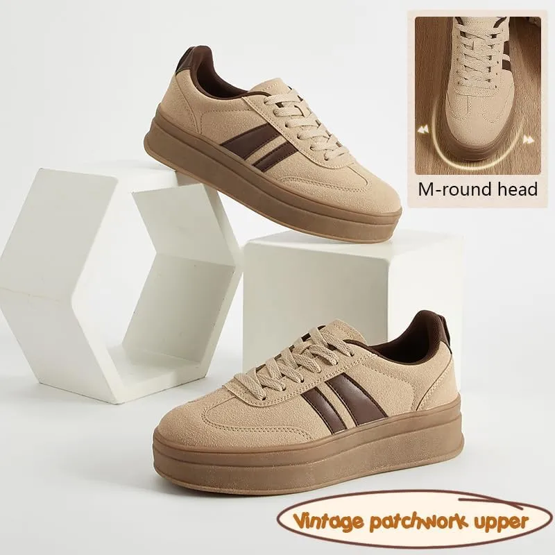 Women's Chunky Platform Sneakers - Retro Vintage Leather Casual Tennis Shoes- Thick Rubber Gum Sole Low Top Lace-Up Classic Walking Shoes