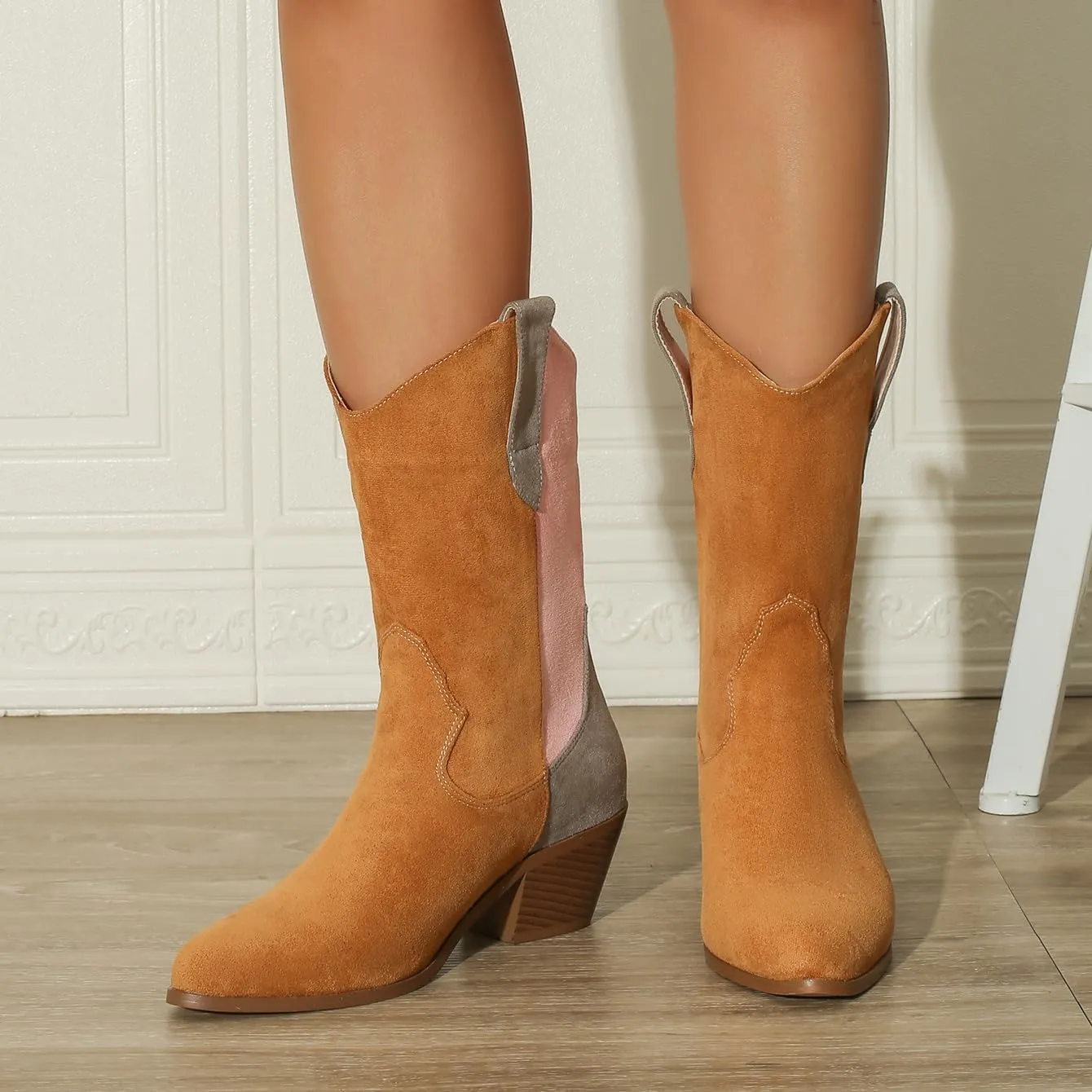 Women's Classic Pointed Toe Cowgirl Boot Female Mid-Calf Booties for Women Comfortable Soft Casual Office Dating Booties