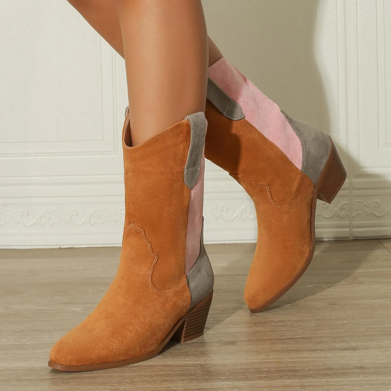 Women's Classic Pointed Toe Cowgirl Boot Female Mid-Calf Booties for Women Comfortable Soft Casual Office Dating Booties
