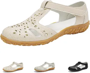 Women's Closed Toe Gladiator Sandals,Comfort Cut-Out Leather Ankle T-Strap Orthopedic Dressy Casual Boho Beach Shoes