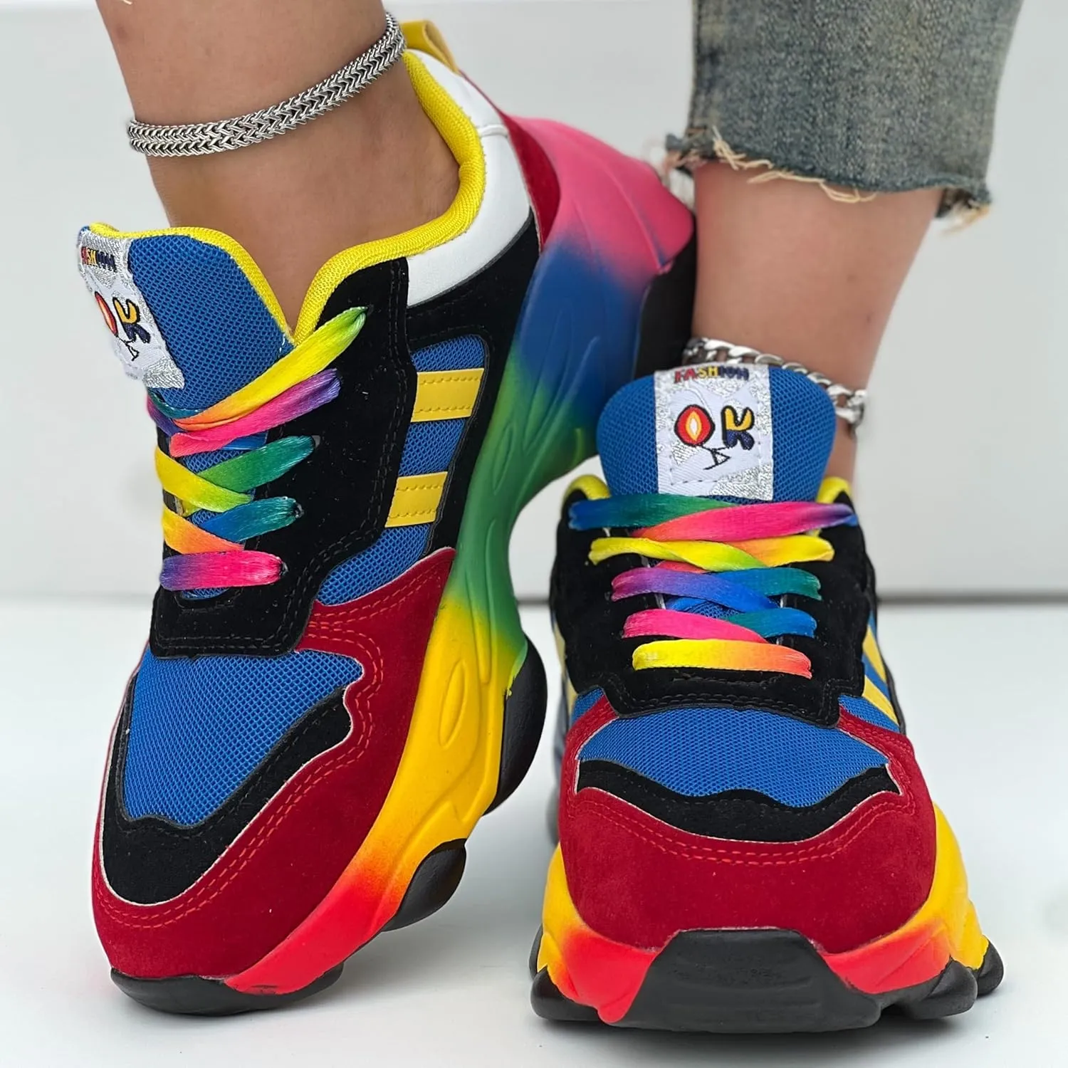 Women's Colorblocking Thick Sole Sneakers,Lace-up Low Top Round Toe Non-Slip Soft Air Cushion Sneakers,Outdoor Casual Shoes