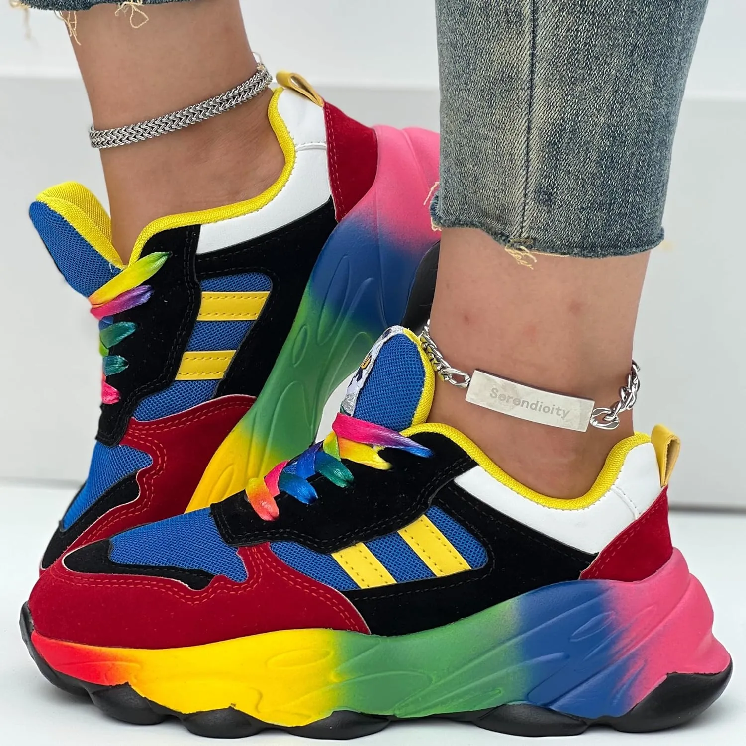 Women's Colorblocking Thick Sole Sneakers,Lace-up Low Top Round Toe Non-Slip Soft Air Cushion Sneakers,Outdoor Casual Shoes