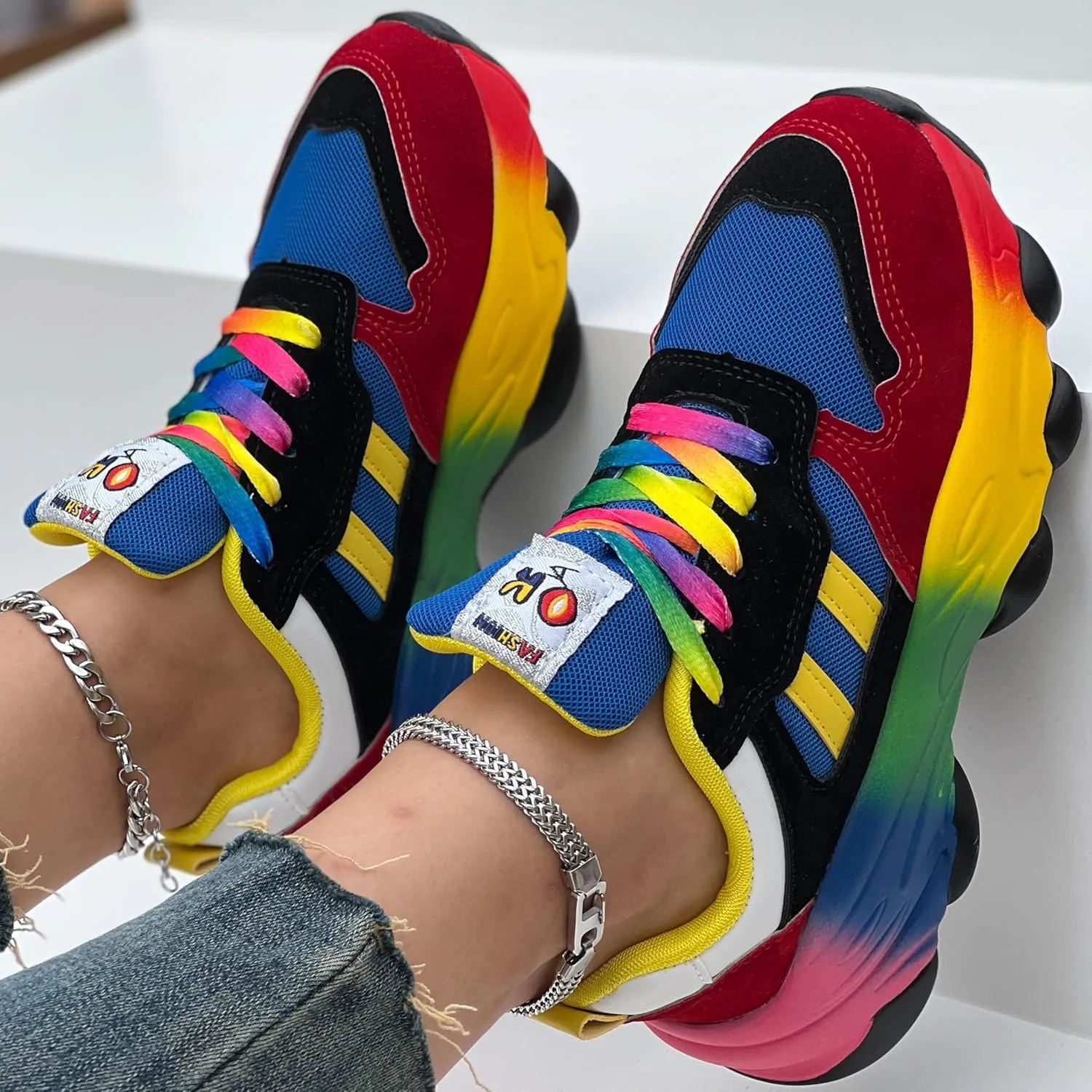 Women's Colorblocking Thick Sole Sneakers,Lace-up Low Top Round Toe Non-Slip Soft Air Cushion Sneakers,Outdoor Casual Shoes
