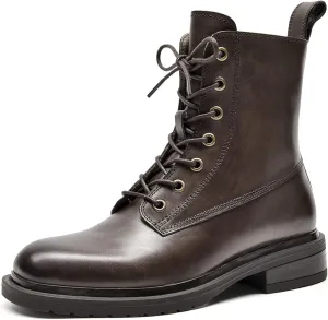 Women's Combat Boots Lace up Side Zipper Mid Calf Booties Round Toe