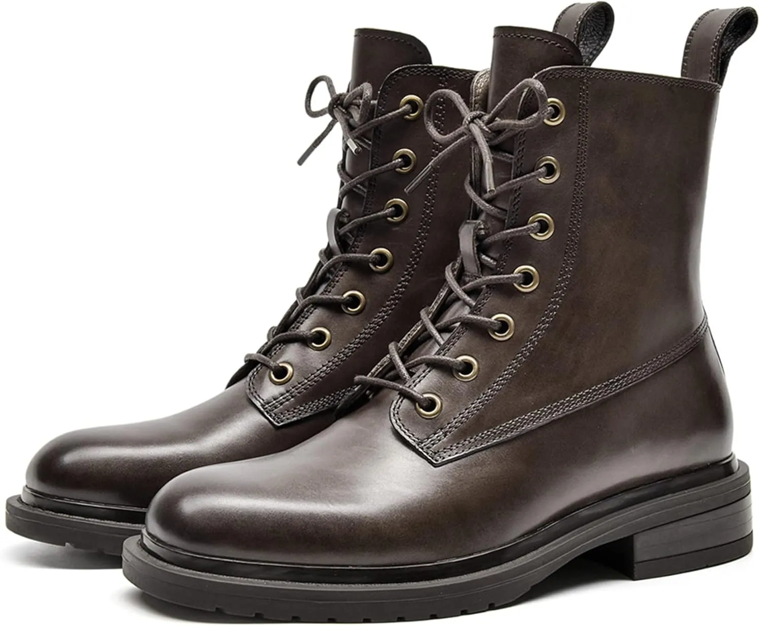 Women's Combat Boots Lace up Side Zipper Mid Calf Booties Round Toe