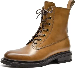 Women's Combat Boots Lace up Side Zipper Mid Calf Booties Round Toe