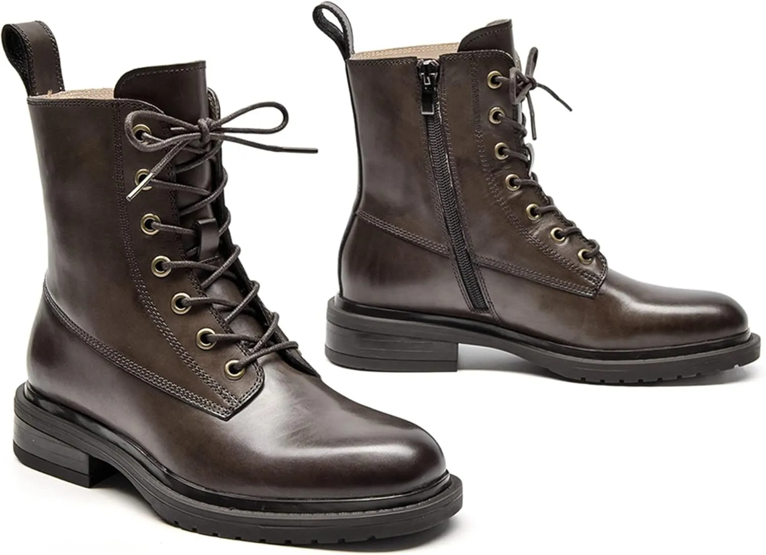 Women's Combat Boots Lace up Side Zipper Mid Calf Booties Round Toe