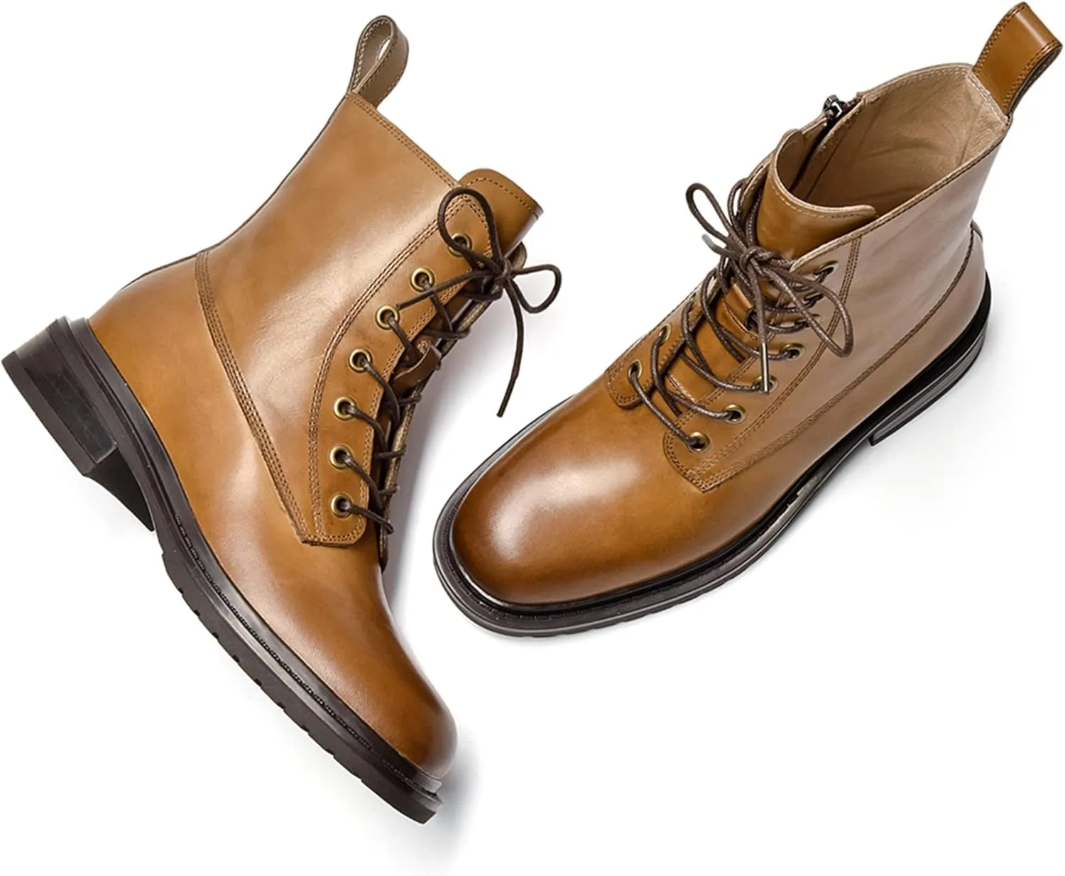 Women's Combat Boots Lace up Side Zipper Mid Calf Booties Round Toe