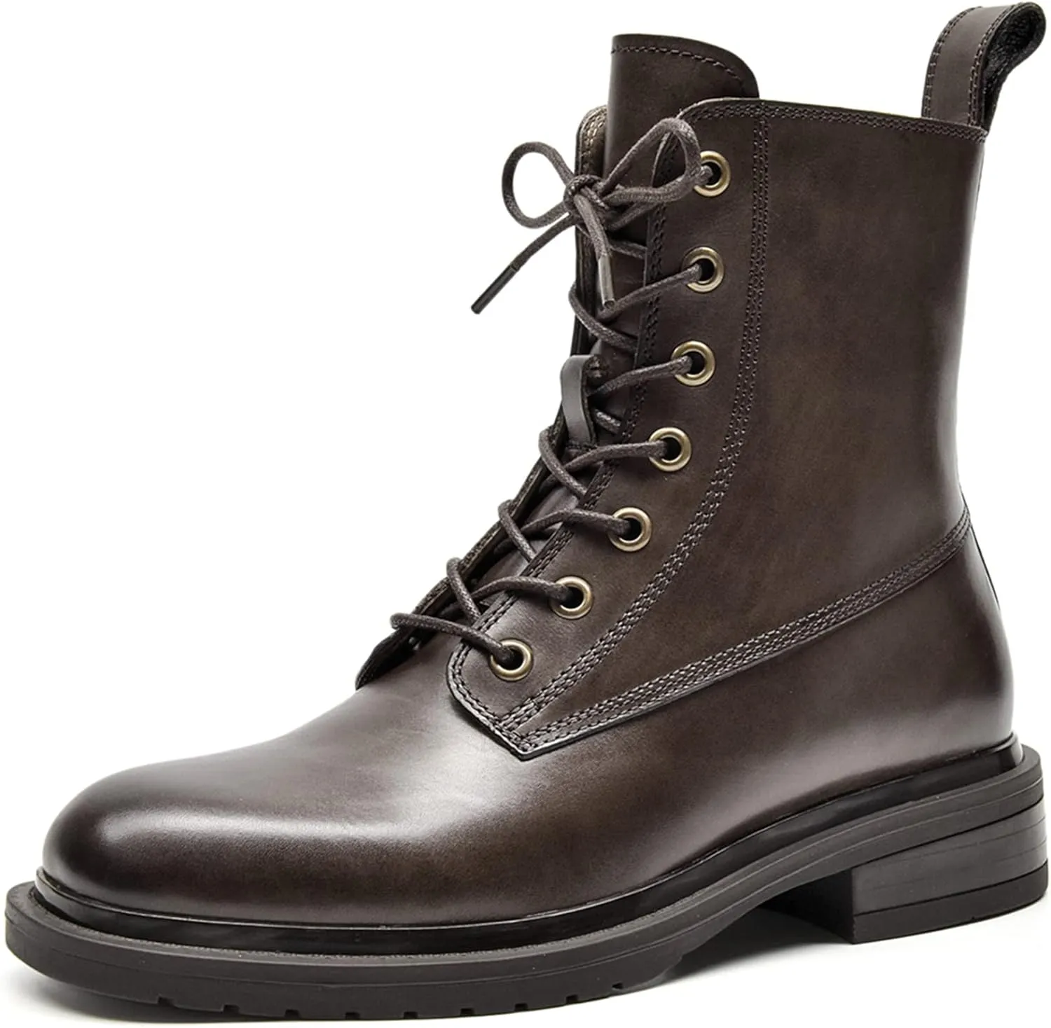 Women's Combat Boots Lace up Side Zipper Mid Calf Booties Round Toe