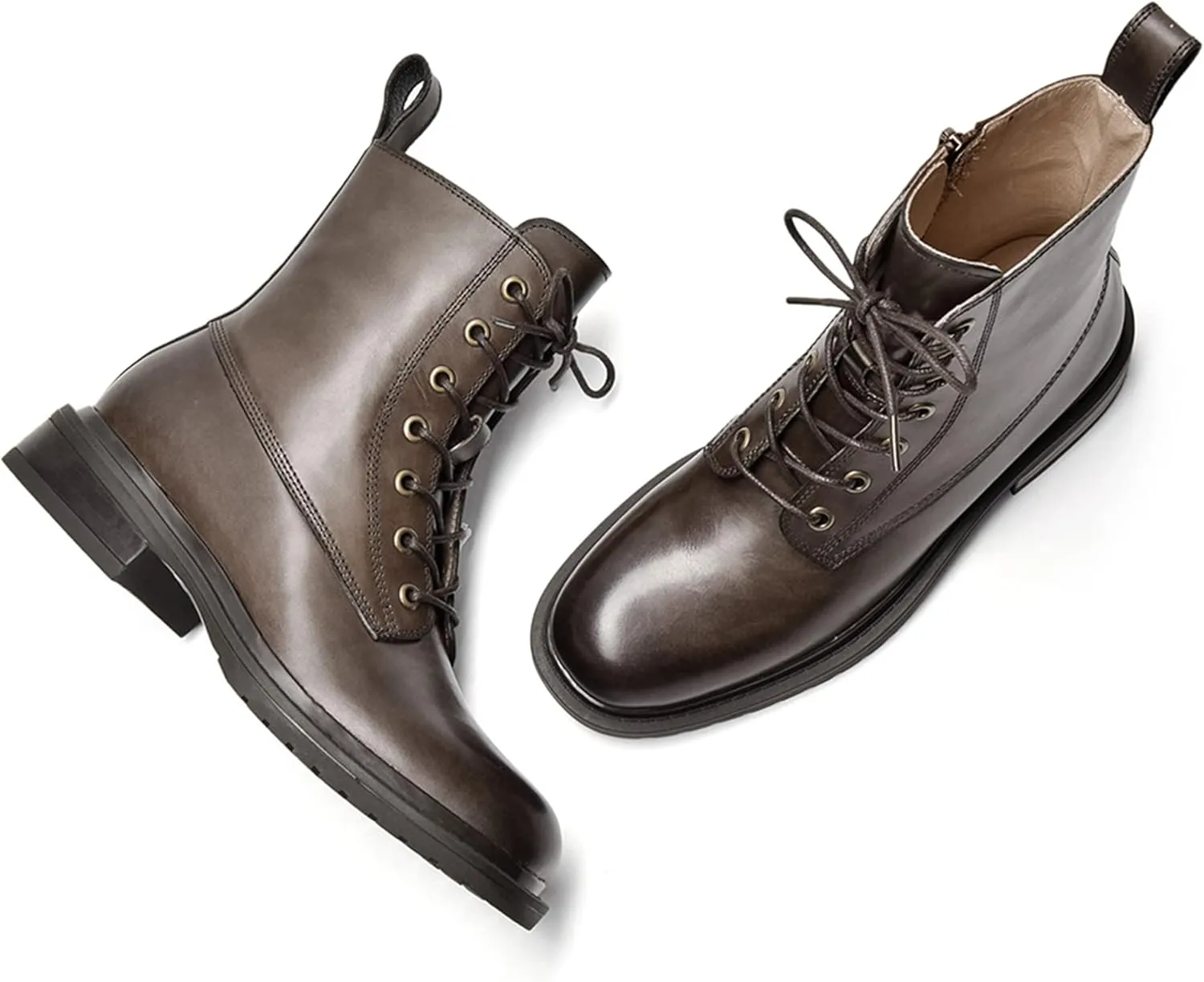 Women's Combat Boots Lace up Side Zipper Mid Calf Booties Round Toe