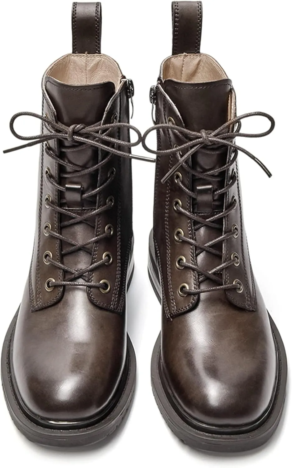 Women's Combat Boots Lace up Side Zipper Mid Calf Booties Round Toe