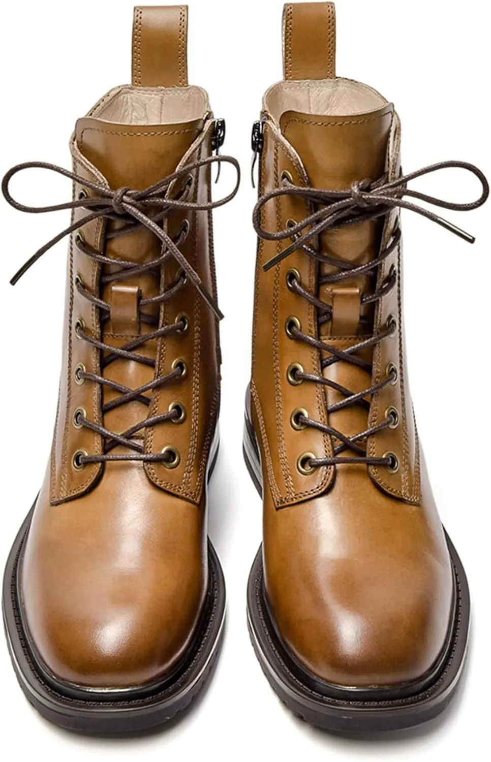 Women's Combat Boots Lace up Side Zipper Mid Calf Booties Round Toe