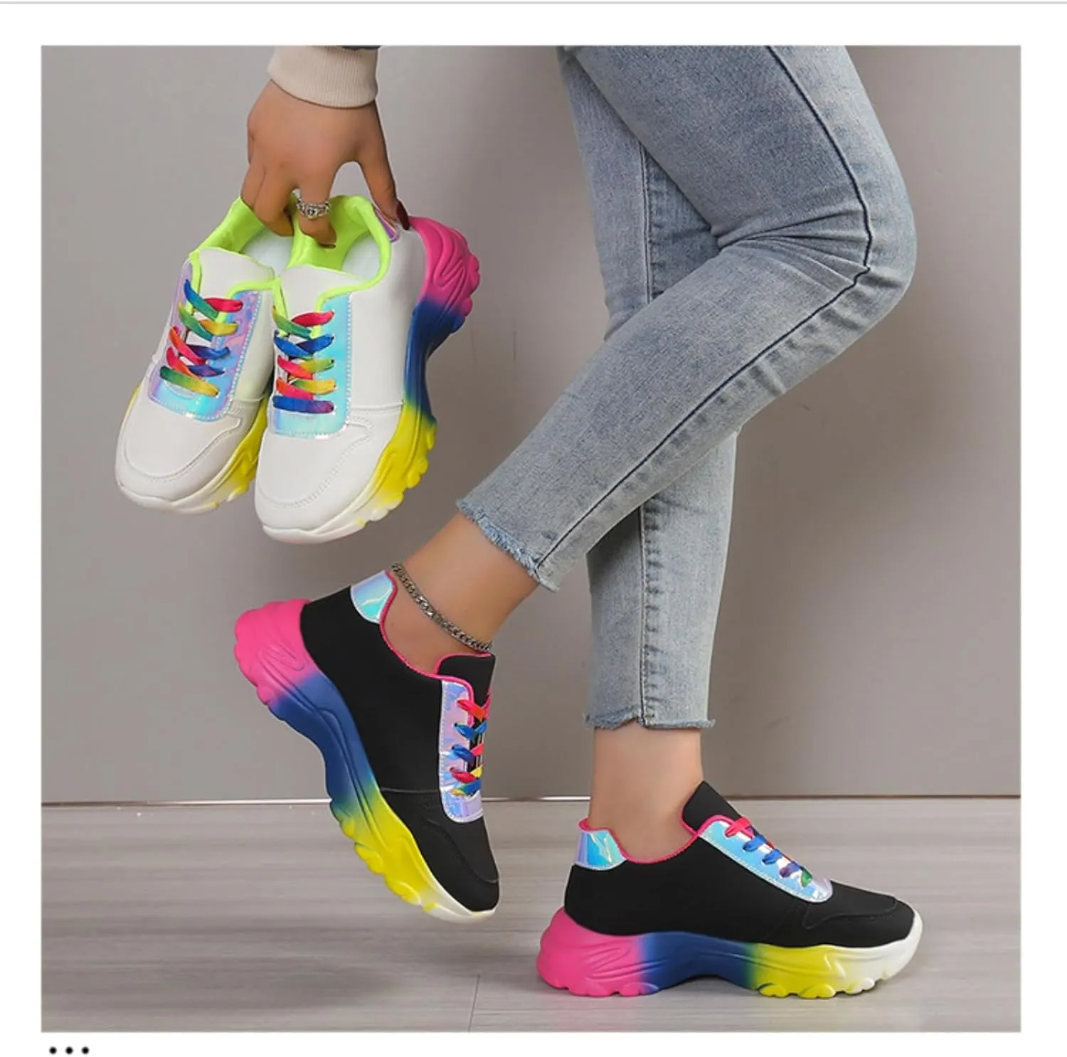 Women's Fashion Rainbow Thick Bottom Daddy Shoes Lace Up Holographic Anti Slip Running Shoes Leisure Training Sneakers