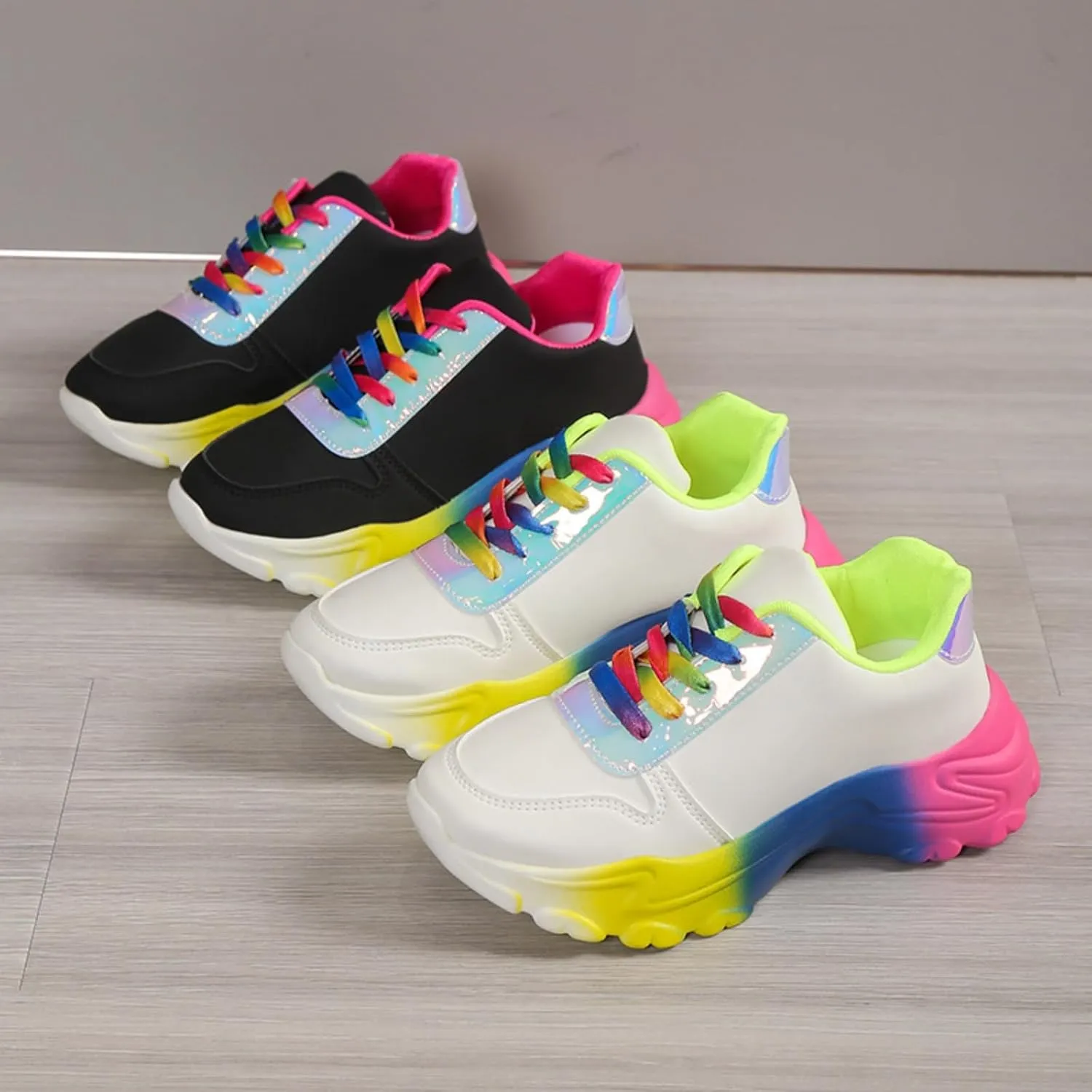 Women's Fashion Rainbow Thick Bottom Daddy Shoes Lace Up Holographic Anti Slip Running Shoes Leisure Training Sneakers