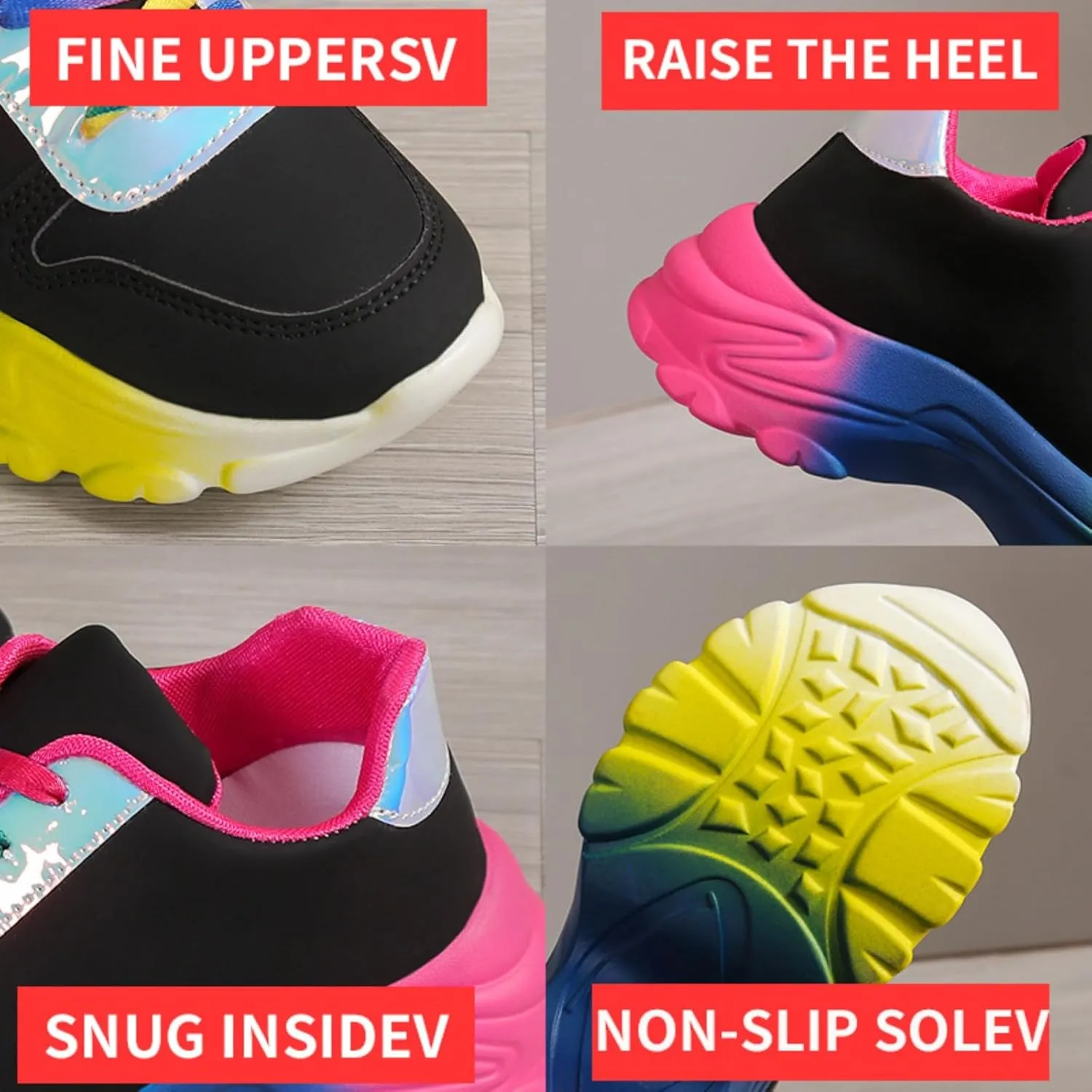Women's Fashion Rainbow Thick Bottom Daddy Shoes Lace Up Holographic Anti Slip Running Shoes Leisure Training Sneakers