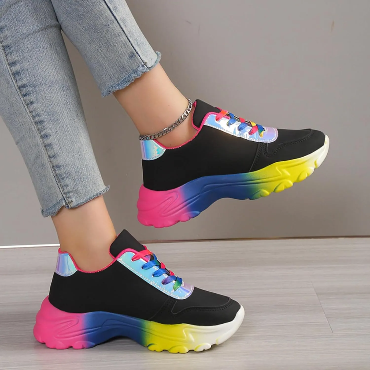 Women's Fashion Rainbow Thick Bottom Daddy Shoes Lace Up Holographic Anti Slip Running Shoes Leisure Training Sneakers