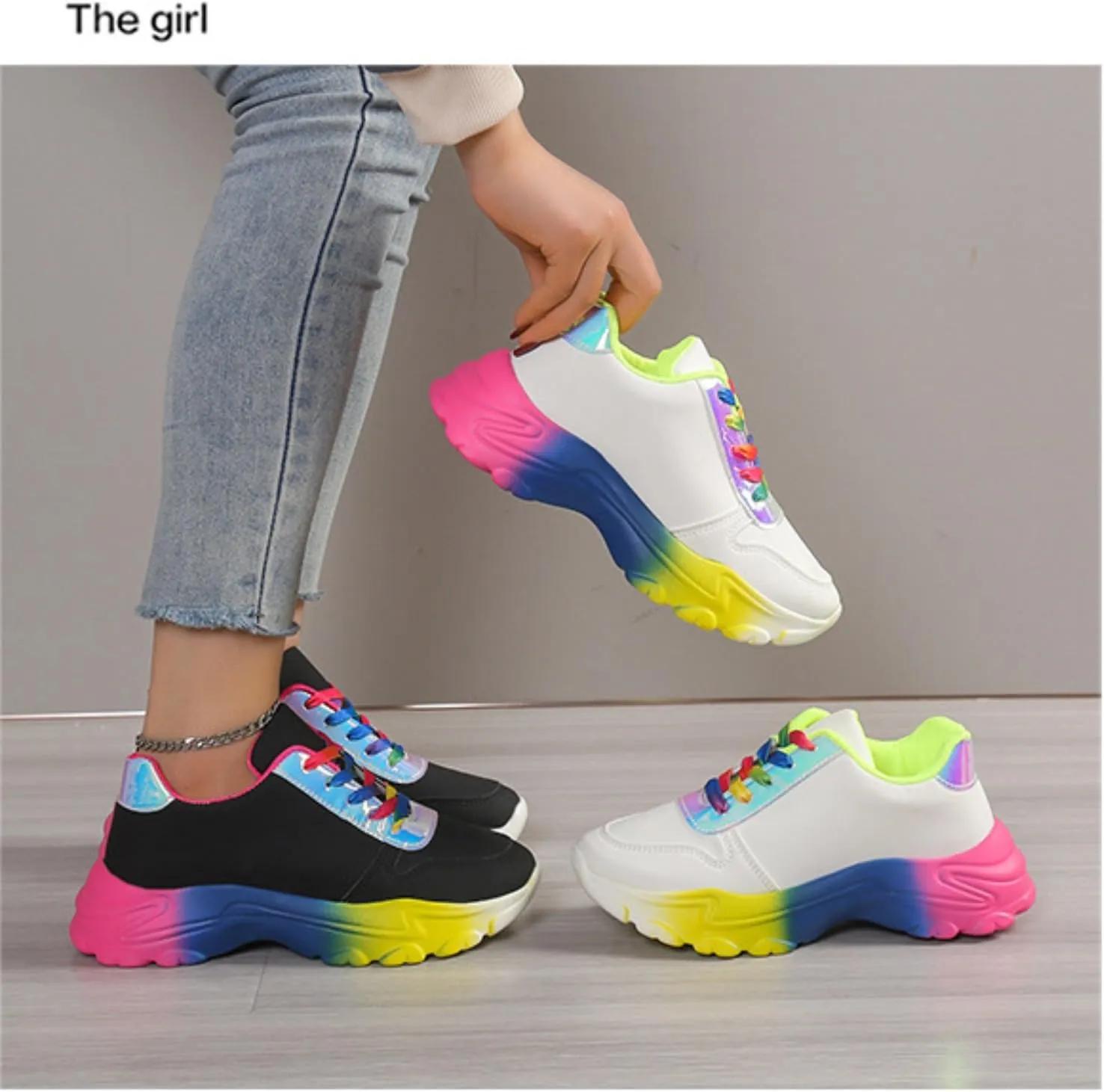 Women's Fashion Rainbow Thick Bottom Daddy Shoes Lace Up Holographic Anti Slip Running Shoes Leisure Training Sneakers