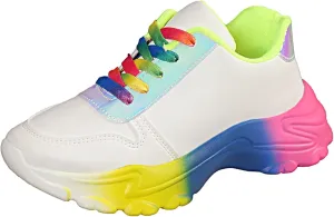 Women's Fashion Rainbow Thick Bottom Daddy Shoes Lace Up Holographic Anti Slip Running Shoes Leisure Training Sneakers