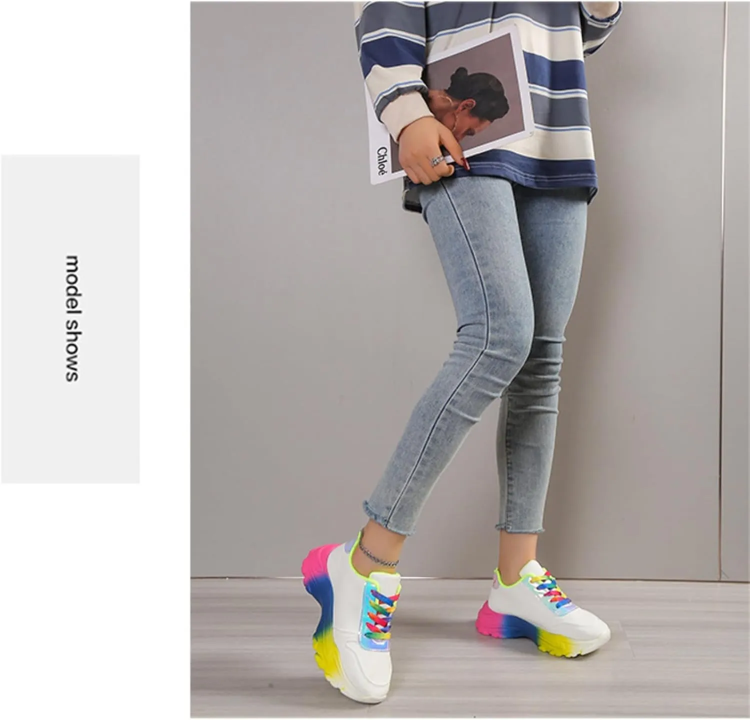 Women's Fashion Rainbow Thick Bottom Daddy Shoes Lace Up Holographic Anti Slip Running Shoes Leisure Training Sneakers