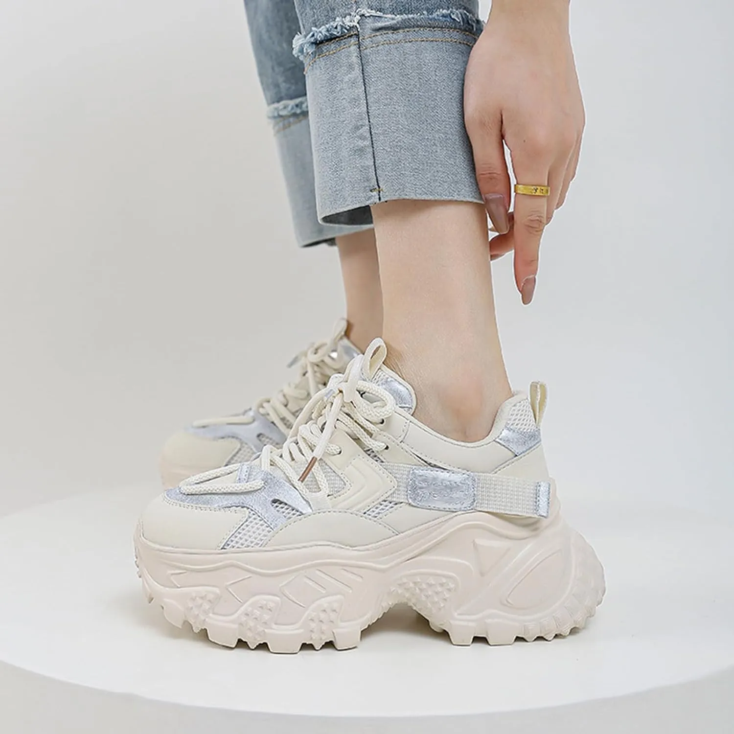 Women's Fashion Sneakers Thick Bottom Colorblocking Chunky Sneakers Casual Mesh Breathable Fashion Lace-up Shoes Women's Oxfords Platform Shoes for Women