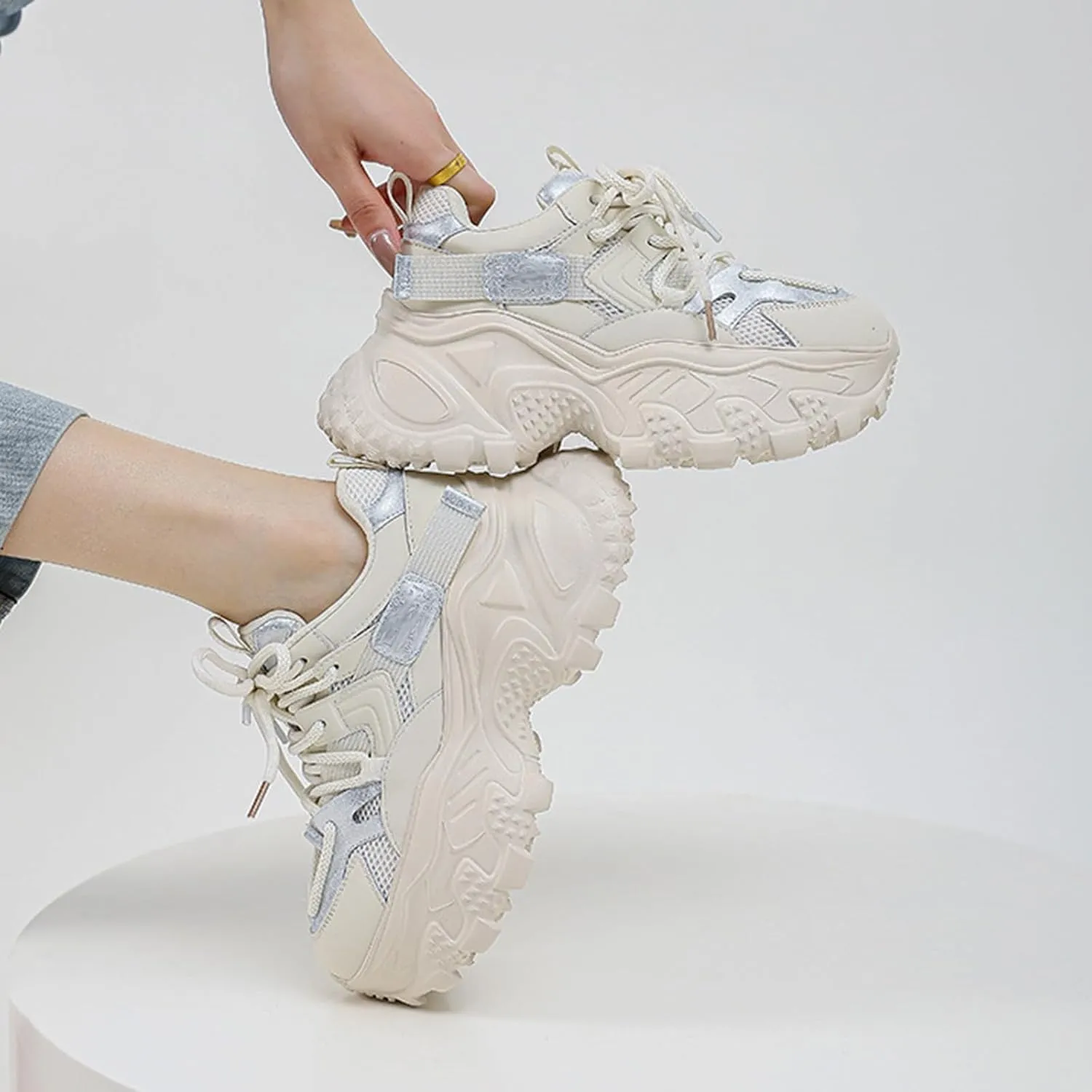 Women's Fashion Sneakers Thick Bottom Colorblocking Chunky Sneakers Casual Mesh Breathable Fashion Lace-up Shoes Women's Oxfords Platform Shoes for Women