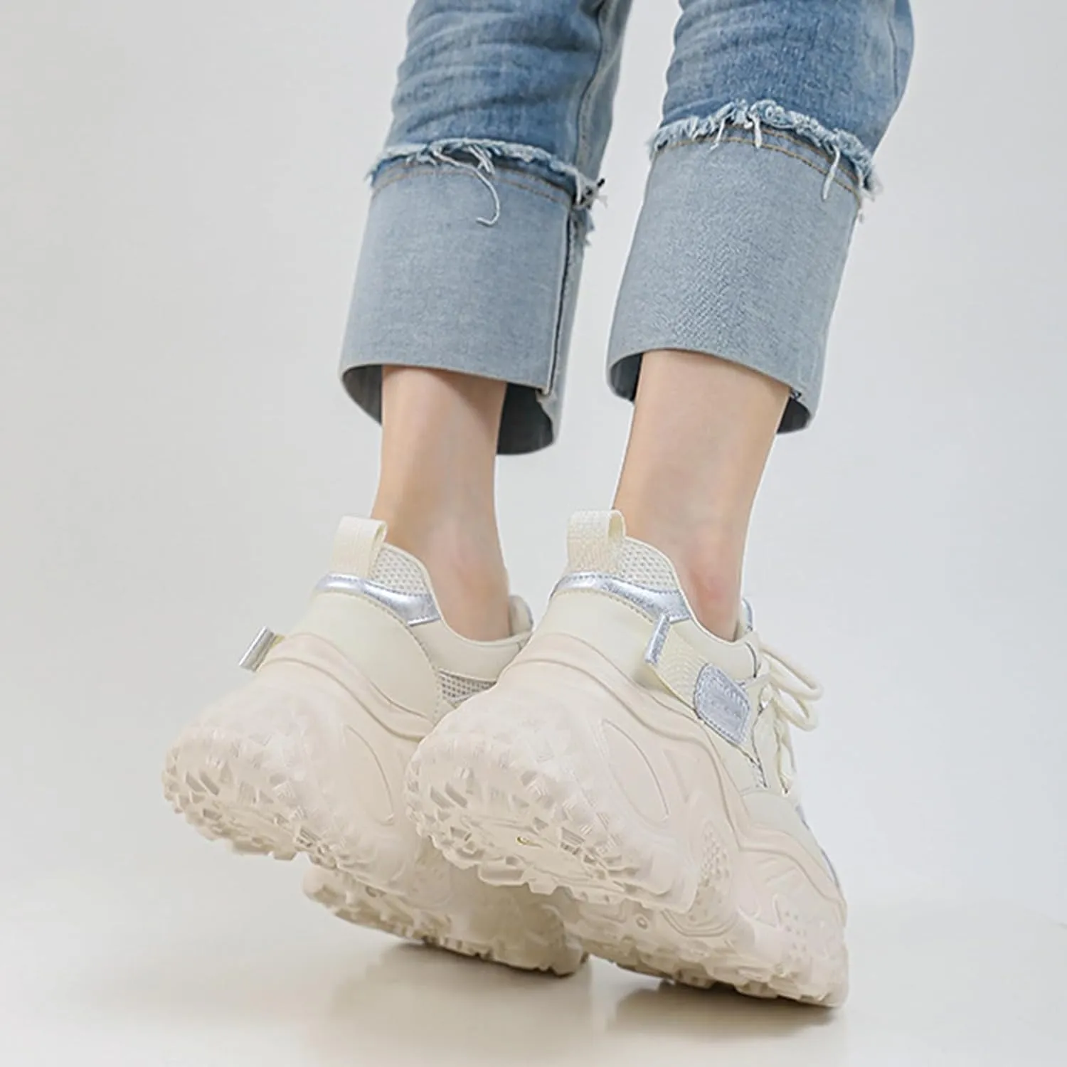 Women's Fashion Sneakers Thick Bottom Colorblocking Chunky Sneakers Casual Mesh Breathable Fashion Lace-up Shoes Women's Oxfords Platform Shoes for Women