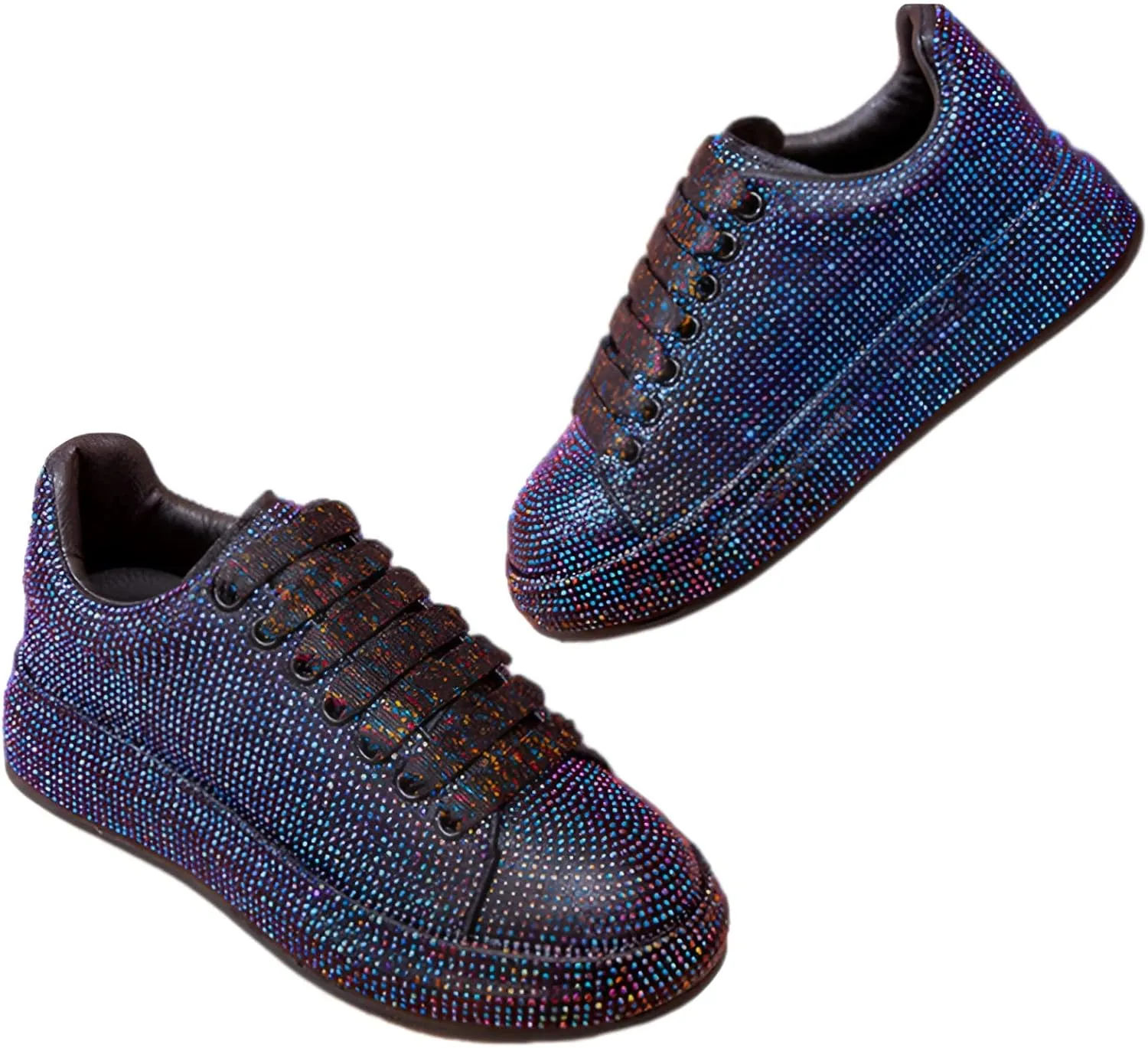 Women's Fashion Thick Sole Sneakers Glitter Gradient Colors Rhinestones Lace-Up Casual Sports Shoes