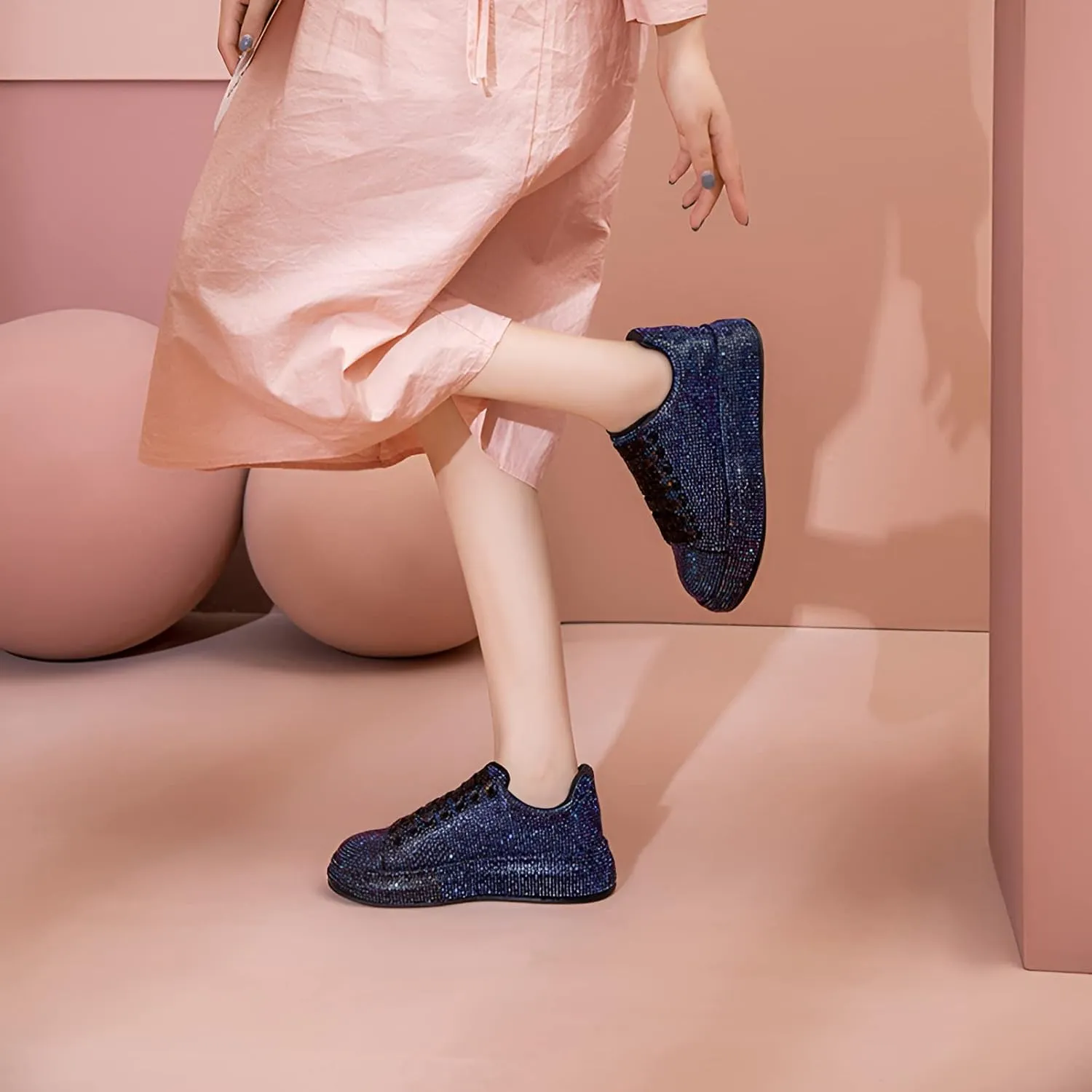 Women's Fashion Thick Sole Sneakers Glitter Gradient Colors Rhinestones Lace-Up Casual Sports Shoes