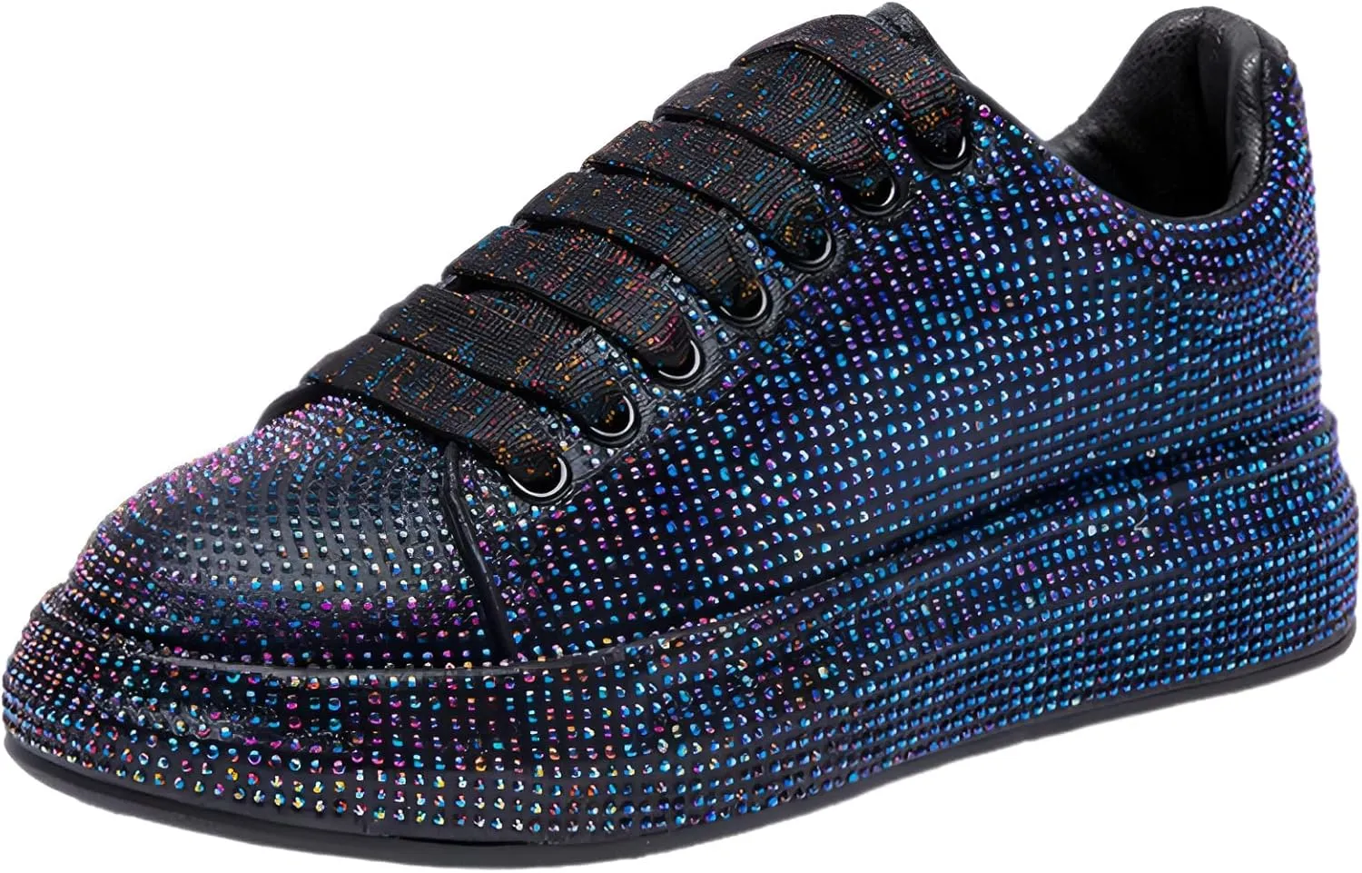 Women's Fashion Thick Sole Sneakers Glitter Gradient Colors Rhinestones Lace-Up Casual Sports Shoes