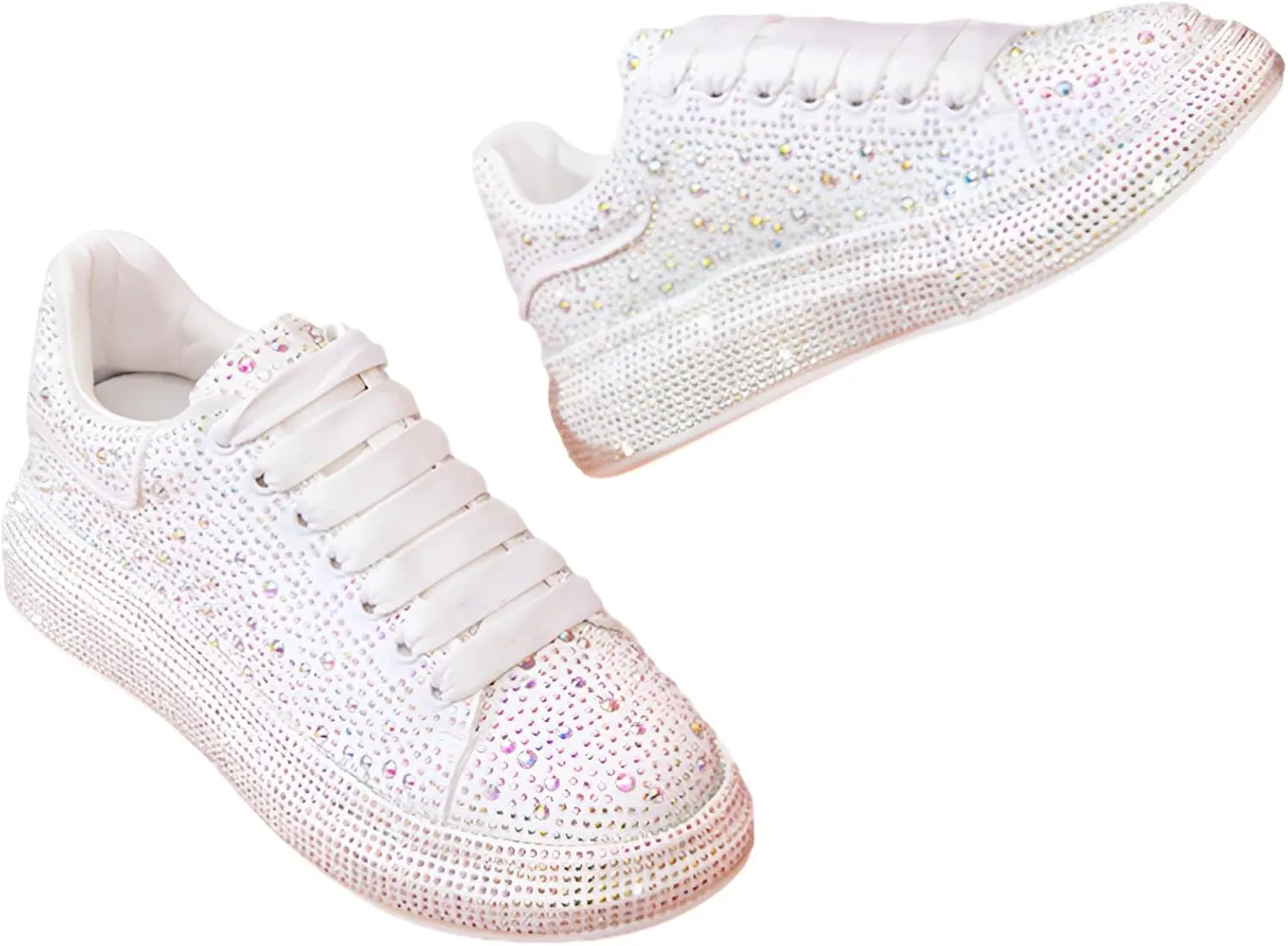 Women's Fashion Thick Sole Sneakers Glitter Gradient Colors Rhinestones Lace-Up Casual Sports Shoes