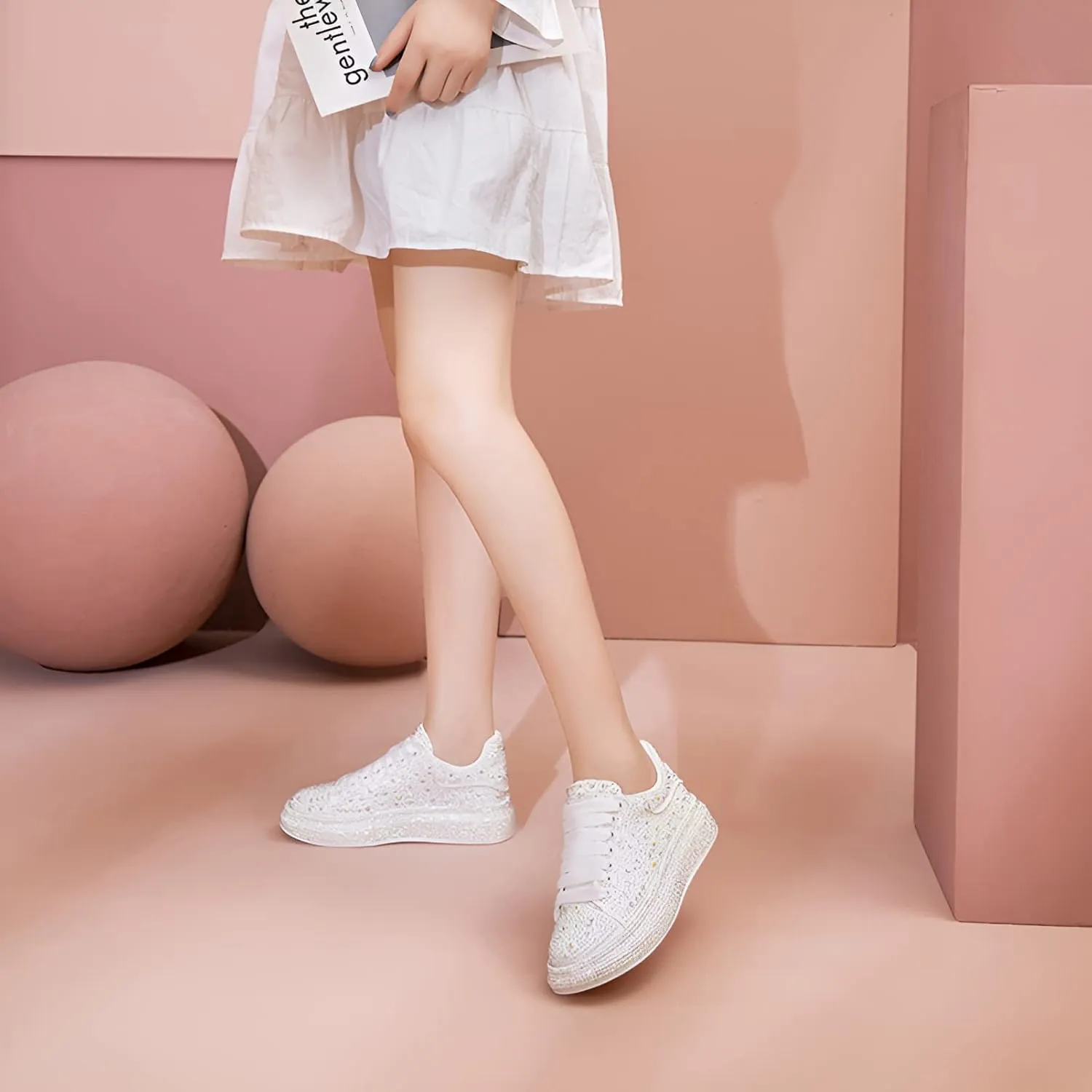 Women's Fashion Thick Sole Sneakers Glitter Gradient Colors Rhinestones Lace-Up Casual Sports Shoes