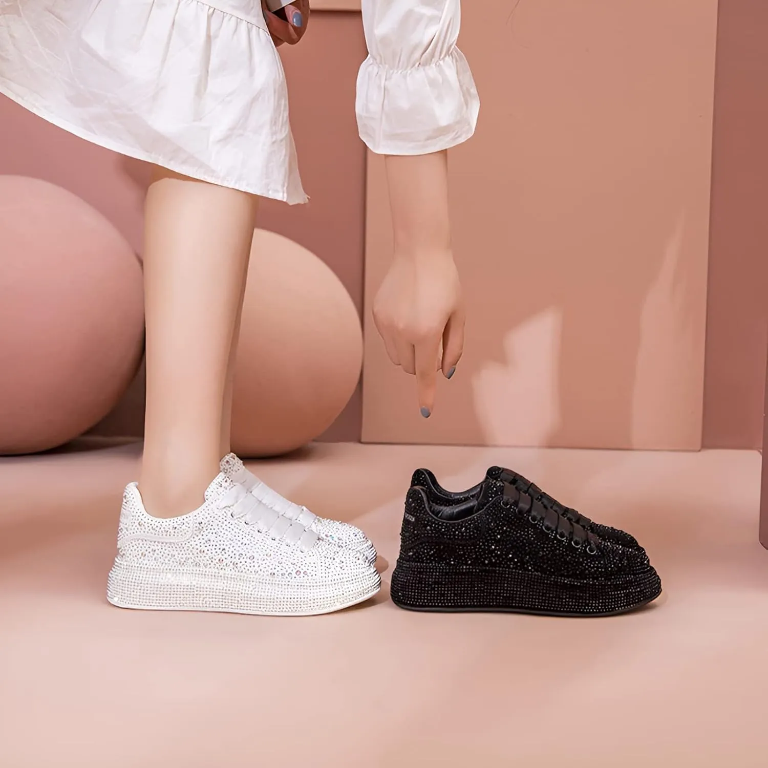 Women's Fashion Thick Sole Sneakers Glitter Gradient Colors Rhinestones Lace-Up Casual Sports Shoes