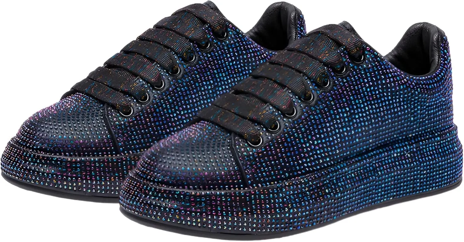 Women's Fashion Thick Sole Sneakers Glitter Gradient Colors Rhinestones Lace-Up Casual Sports Shoes