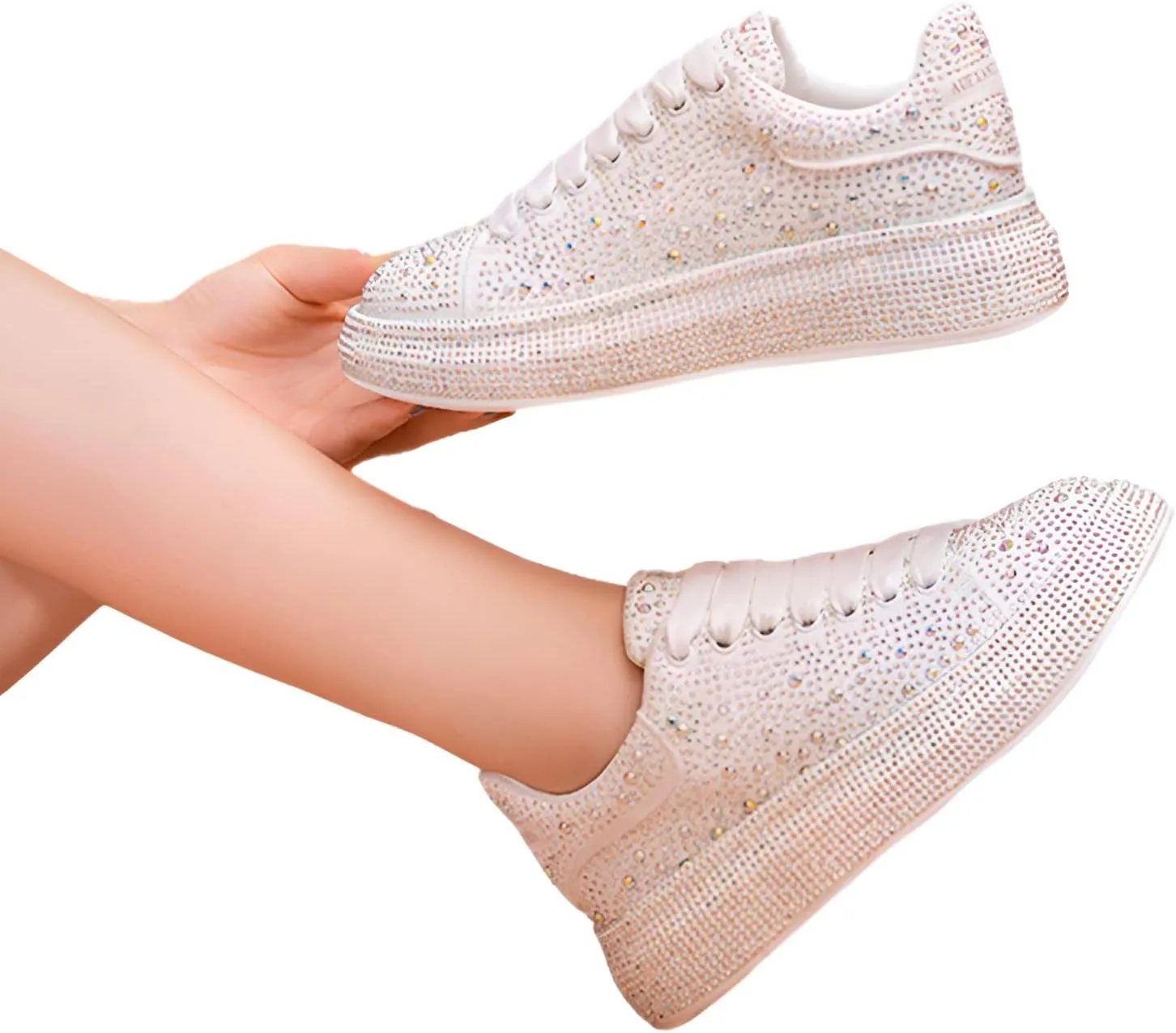 Women's Fashion Thick Sole Sneakers Glitter Gradient Colors Rhinestones Lace-Up Casual Sports Shoes