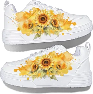 Women's Floral Walking Sneakers - Comfortable Lace-Up White Tennis Shoes with Sunflowers Prints