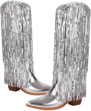 Women's Fringe Metallic Cowboy Boots Knee High Pointed Toe Chunky Heel Pull-On Cowgirl Boots Shining Tassel Wide Calf Western Tall Boots