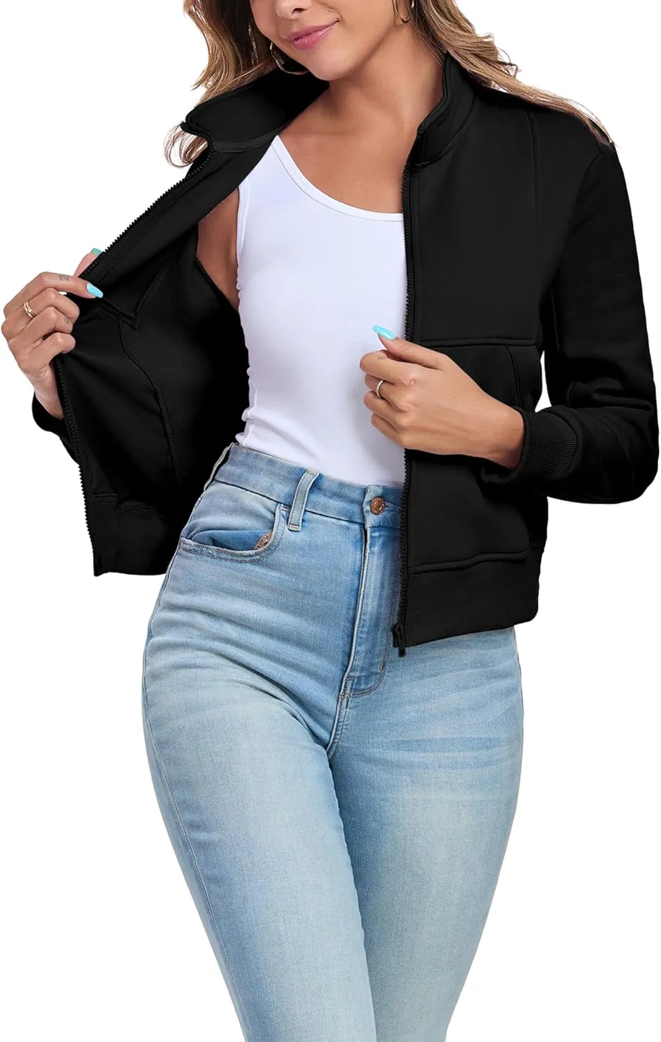 Women's Full Zip Up Sweatshirts Fleece Jackets Stand Collar Long Sleeve Casual Outwear Fuzzy Warm Coat with Pocket