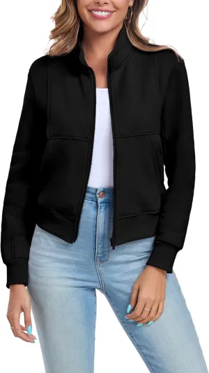 Women's Full Zip Up Sweatshirts Fleece Jackets Stand Collar Long Sleeve Casual Outwear Fuzzy Warm Coat with Pocket