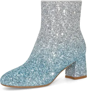 Women's Glitter Ankle Boots Sequin Sparkly Booties Block Heel Side Zip Zipper Wedding Party Dress Shoes