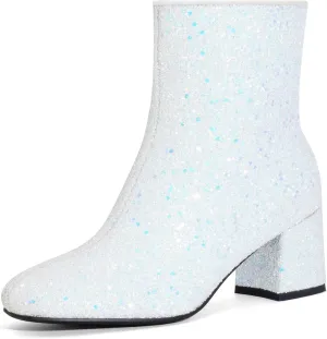 Women's Glitter Ankle Boots Sequin Sparkly Booties Block Heel Side Zip Zipper Wedding Party Dress Shoes