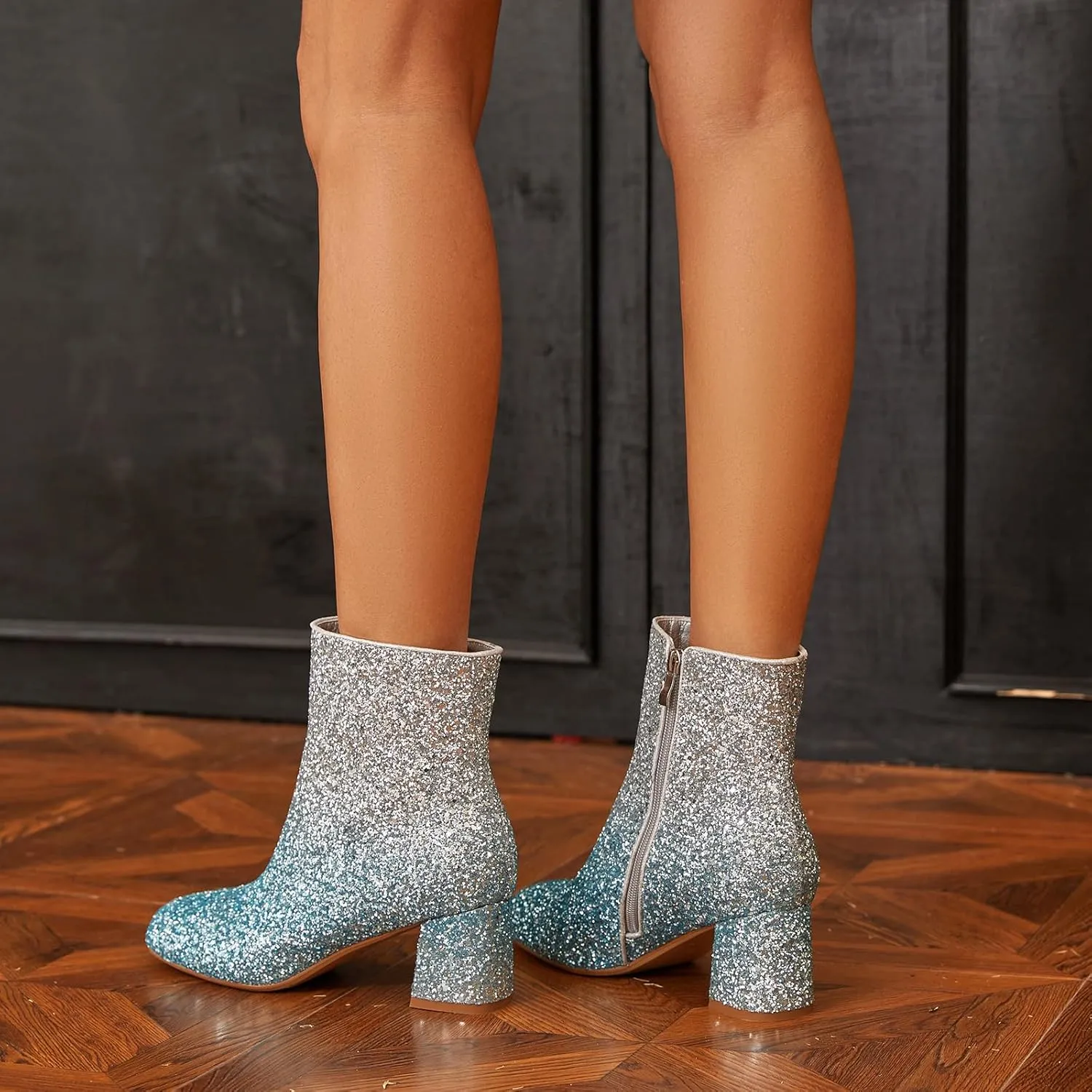 Women's Glitter Ankle Boots Sequin Sparkly Booties Block Heel Side Zip Zipper Wedding Party Dress Shoes