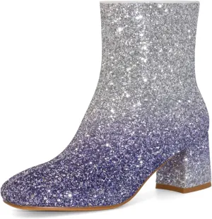 Women's Glitter Ankle Boots Sequin Sparkly Booties Block Heel Side Zip Zipper Wedding Party Dress Shoes