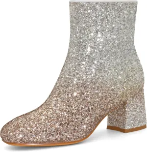 Women's Glitter Ankle Boots Sequin Sparkly Booties Block Heel Side Zip Zipper Wedding Party Dress Shoes