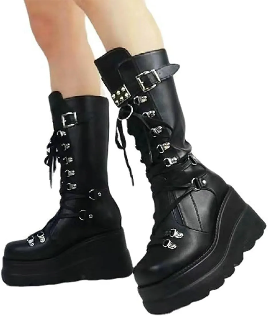 Womens Gothic Punk Platform Boots Chunky Wedge Heel Combat Boots Lace-Up and Zipper Round Toe Mid Calf Motorcycle Boot