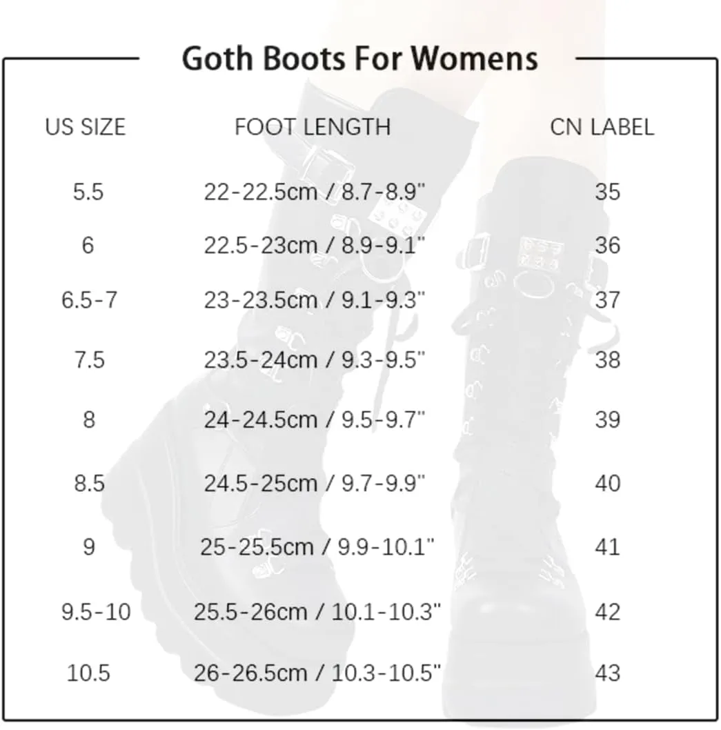 Womens Gothic Punk Platform Boots Chunky Wedge Heel Combat Boots Lace-Up and Zipper Round Toe Mid Calf Motorcycle Boot